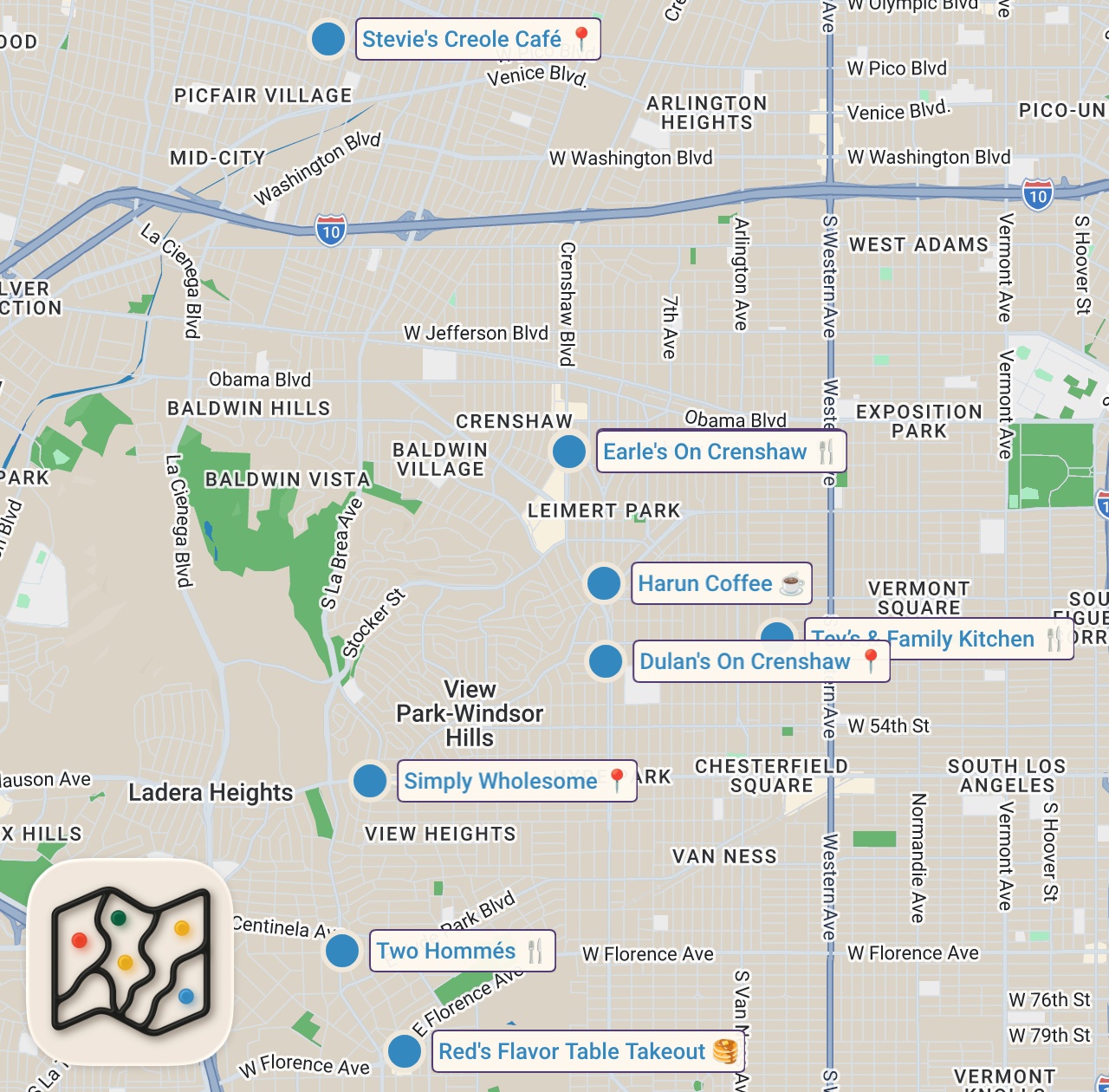 Map of 9 spots from Trying Viral Soul Food Restaurants in LA Hoods: Compton, Watts, Crenshaw, Leimert Park & More