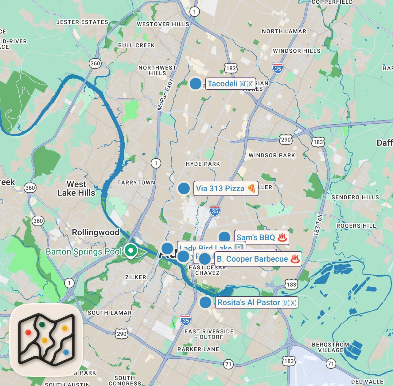 Map preview for Letting Strangers Decide Where I Eat For 24 Hours (Austin, TX)