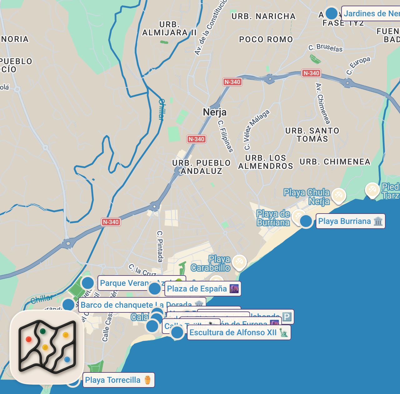Map of 14 spots from 🌊 NERJA 10 sitios QUE VER y QUE HACER ⚠️ (Málaga / España) [Verano Azul, Balcón de Europa] ✅