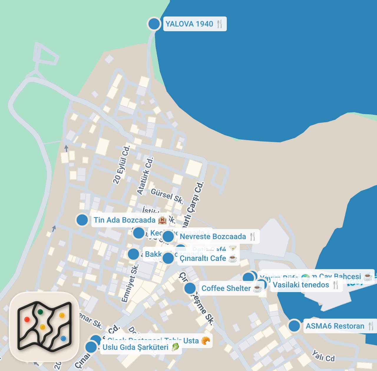 Map preview for BOZCAADA LEZZET REHBERİ (Bozcaada'nın en kapsamlı rehberi - 2022) - Ayaküstü Lezzetler