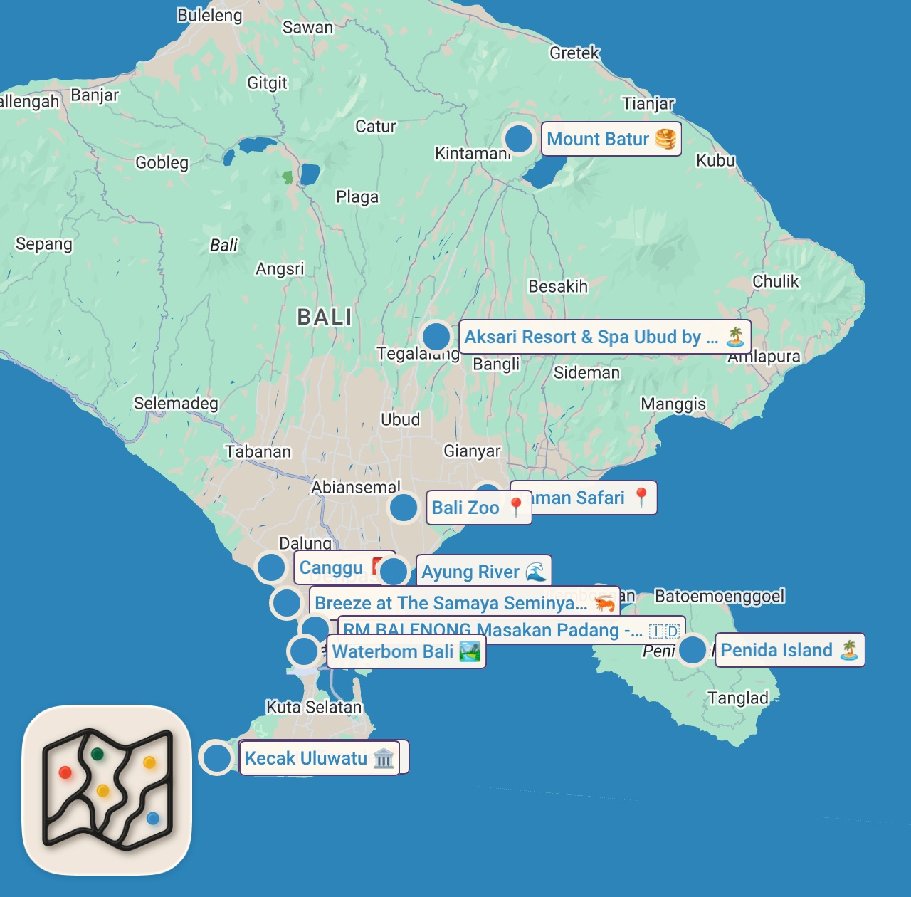 Map of 12 spots from Bali 2025 Travel Guide: Best Places to Visit & Things to Do • Ubud, Canggu, Seminyak • Budget Vlog