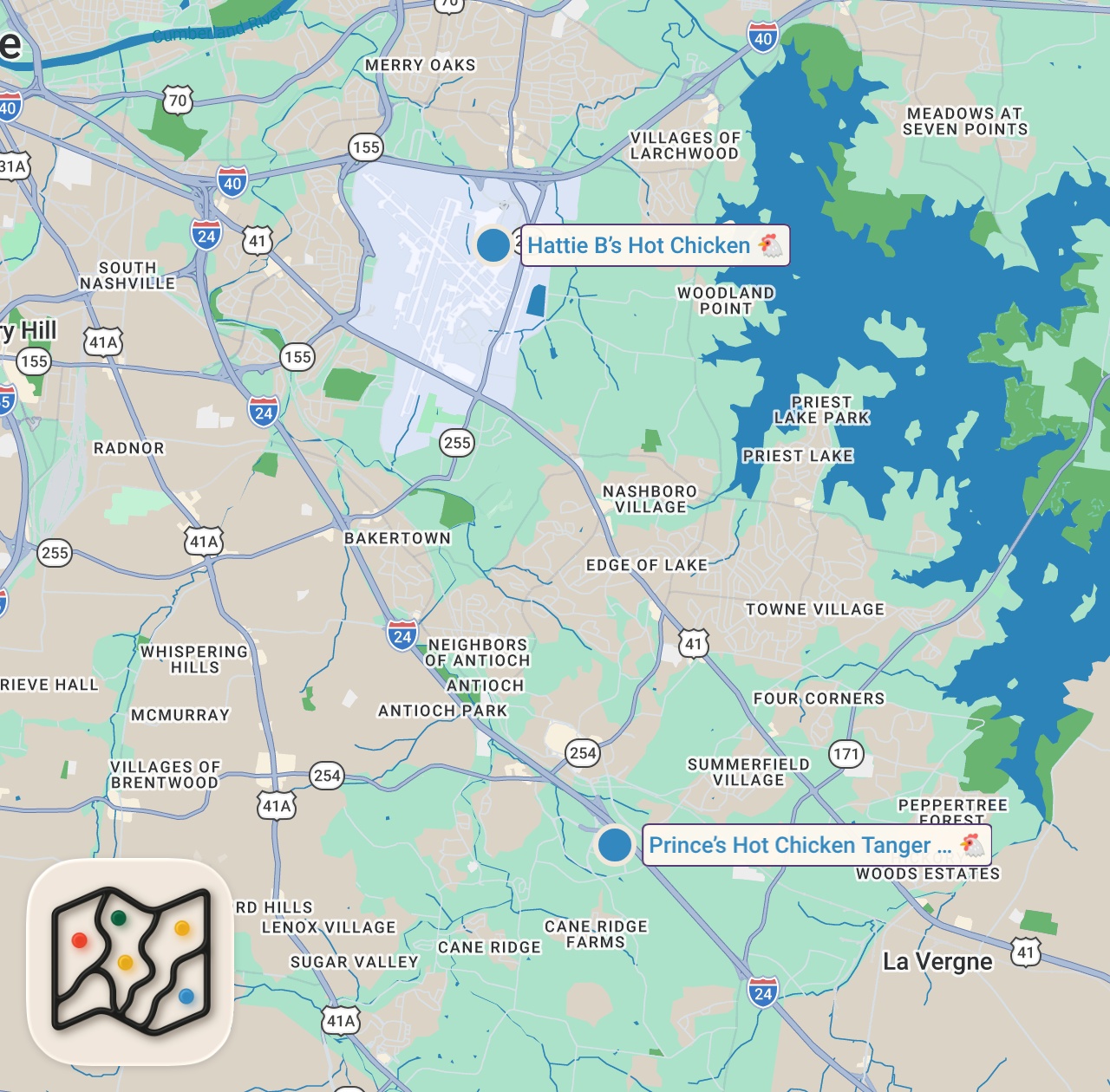 Map of 2 spots from Eating The ORIGINAL Hot Chicken Sandwich... Battle of the Originators (Who did it first?)