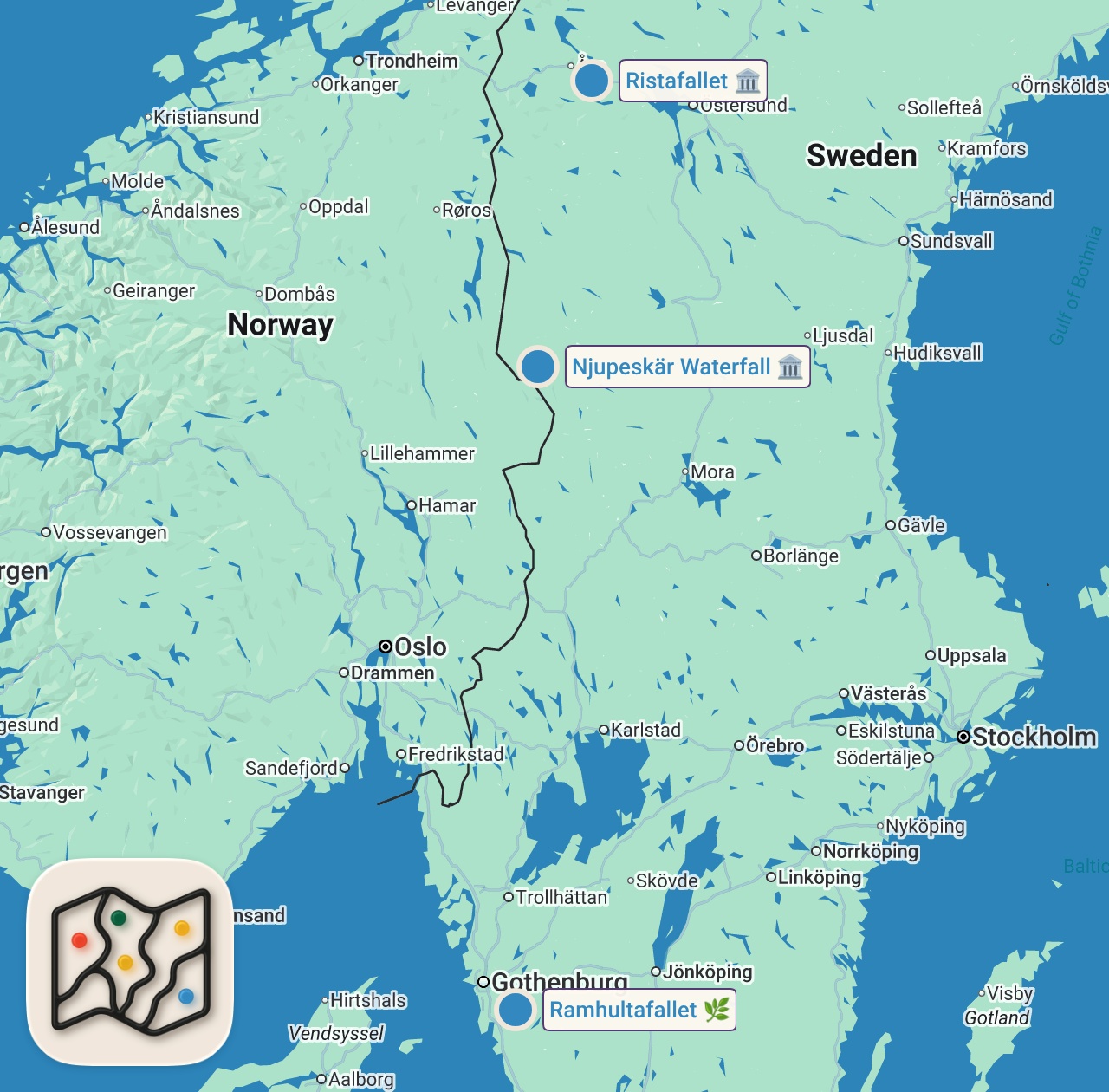 Map of 3 spots from Sveriges bästa vattenfall att besöka