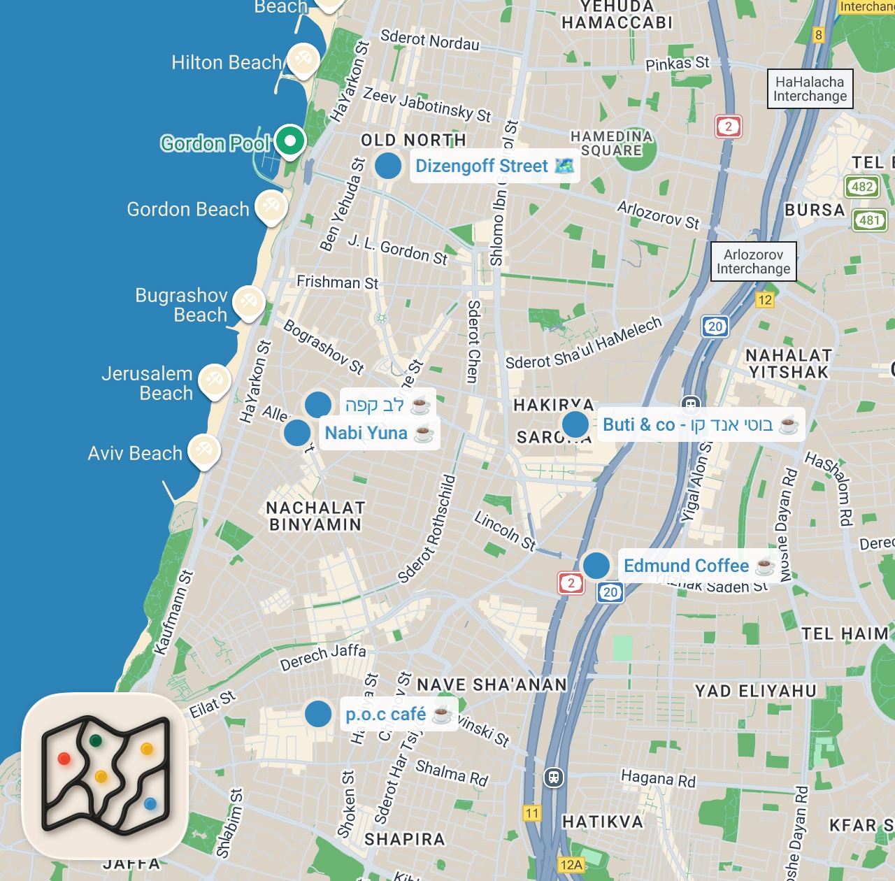 Map preview for These are the best coffee shops to work from in Tel Aviv ☕️
