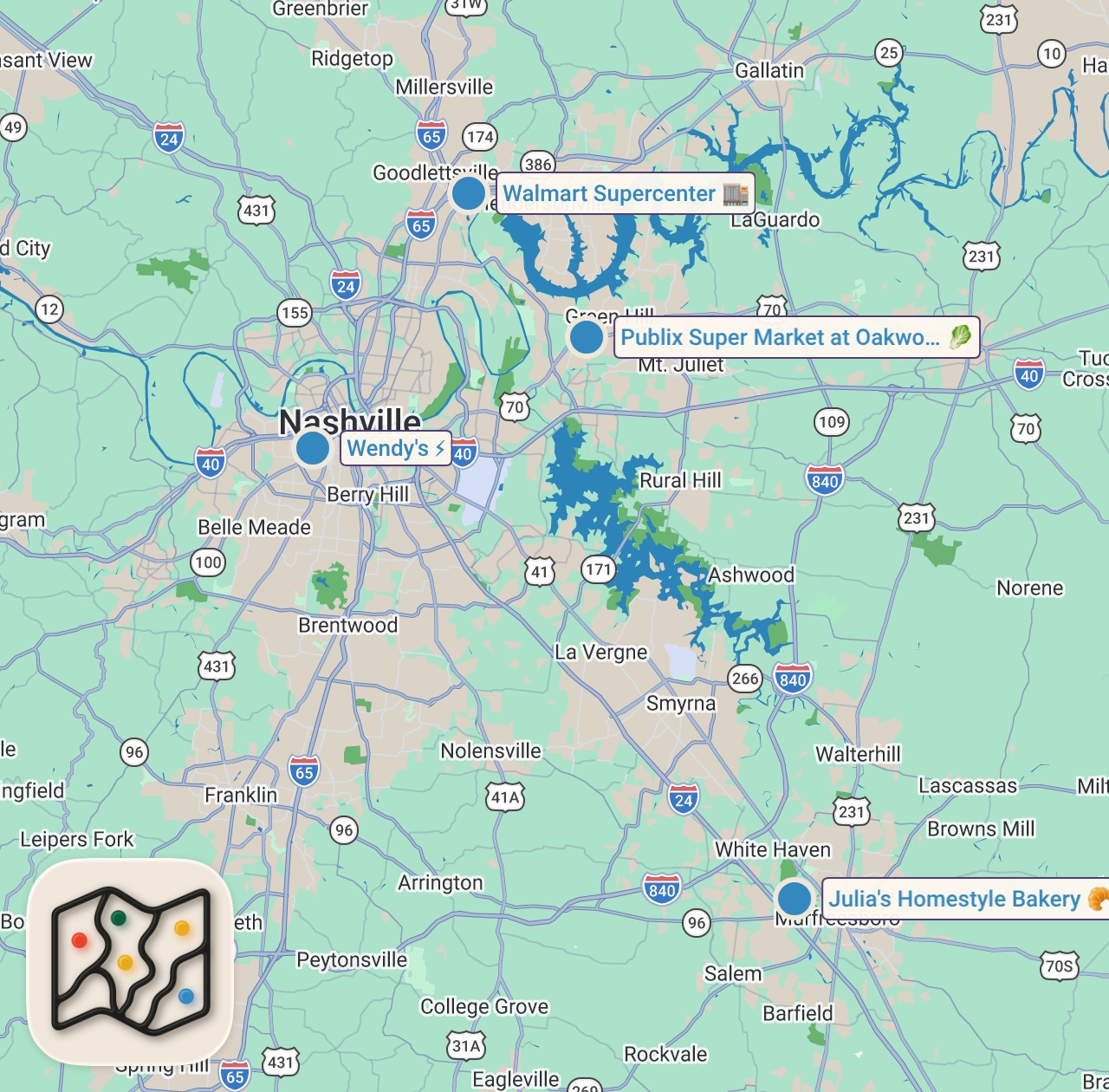 Map of 4 spots from Eating on Facebook Marketplace For 24 Hours... (Nashville)