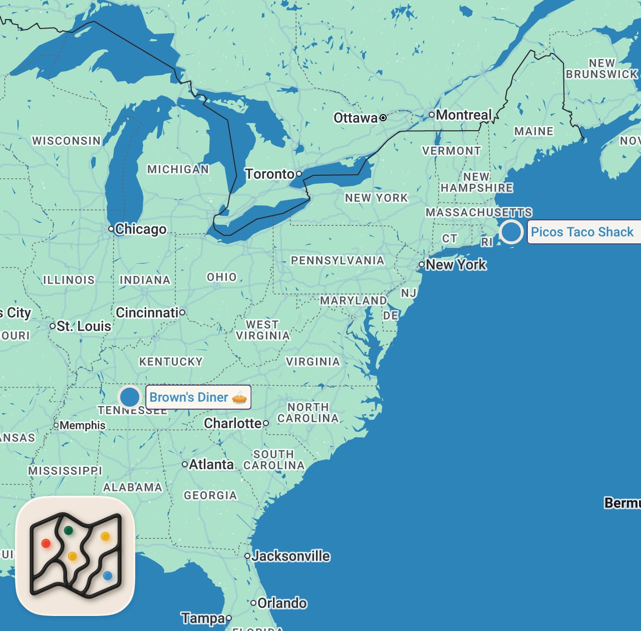 Map of 2 spots from Eating At SKETCHY Restaurants For 24 Hours... (Surprisingly Delicious)