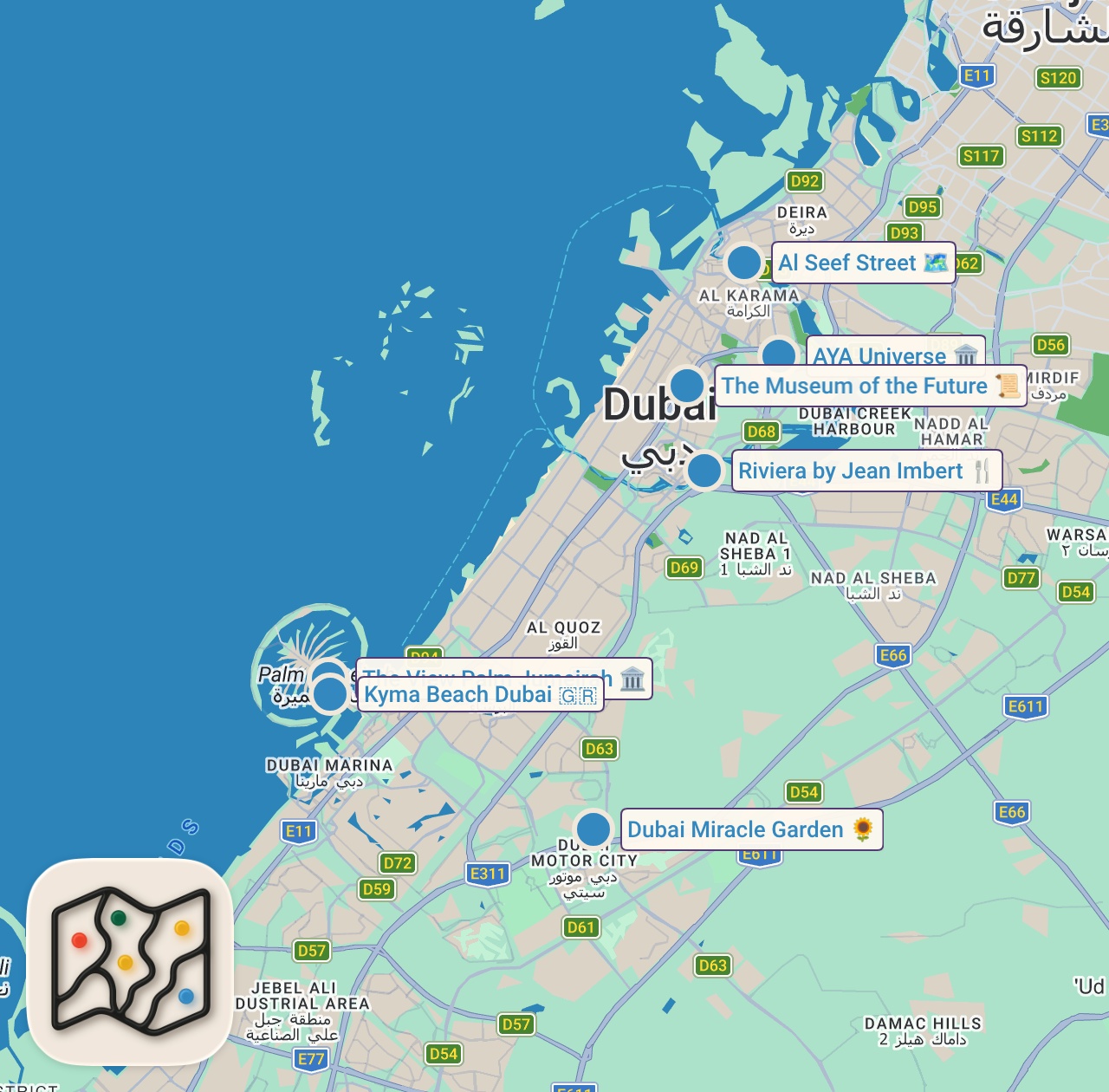 Map of 7 spots from 10 best things to do in Dubai #dubaitravel #dubaivlog #visitdubai Dubai itinerary