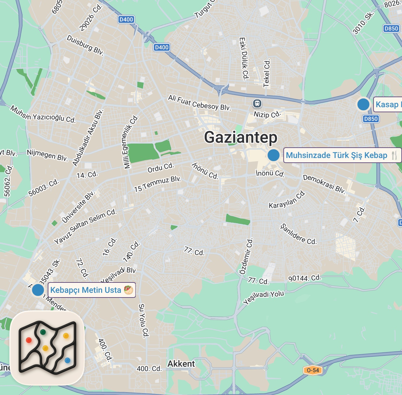Map of 3 spots from Gaziantep’in Salaş Kebapçıları Reklam
