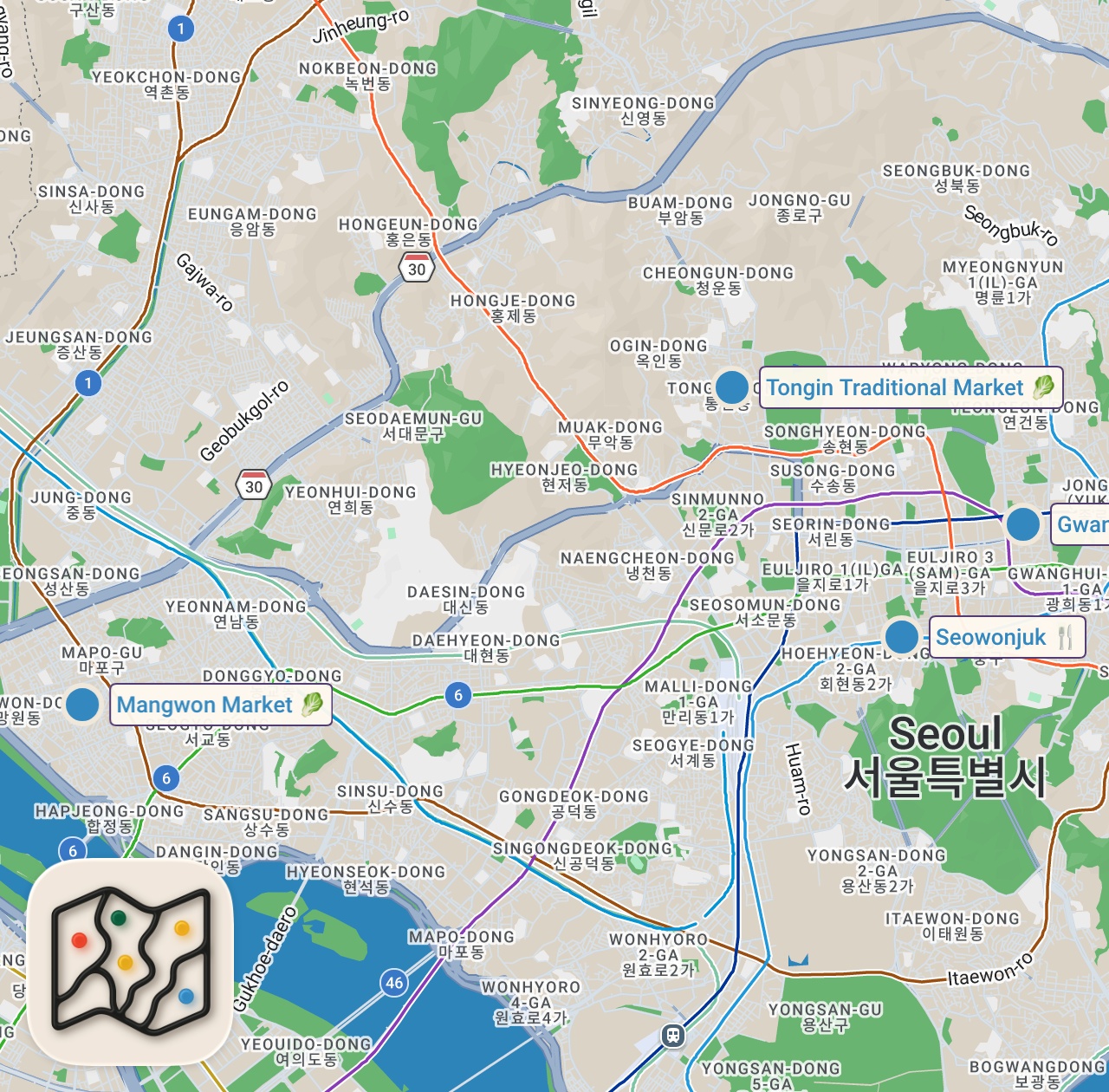 Map of 4 spots from I Ate the Most Viral Street Foods in Korea!