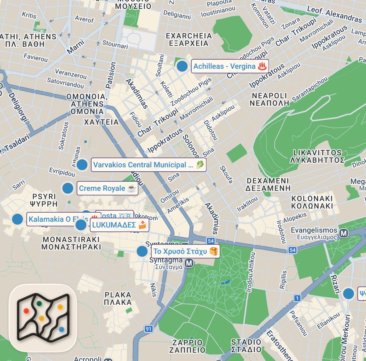 Map of 8 spots from 24h Of GREEK FOOD In ATHENS - Best Souvlaki & Amazing Gyros!