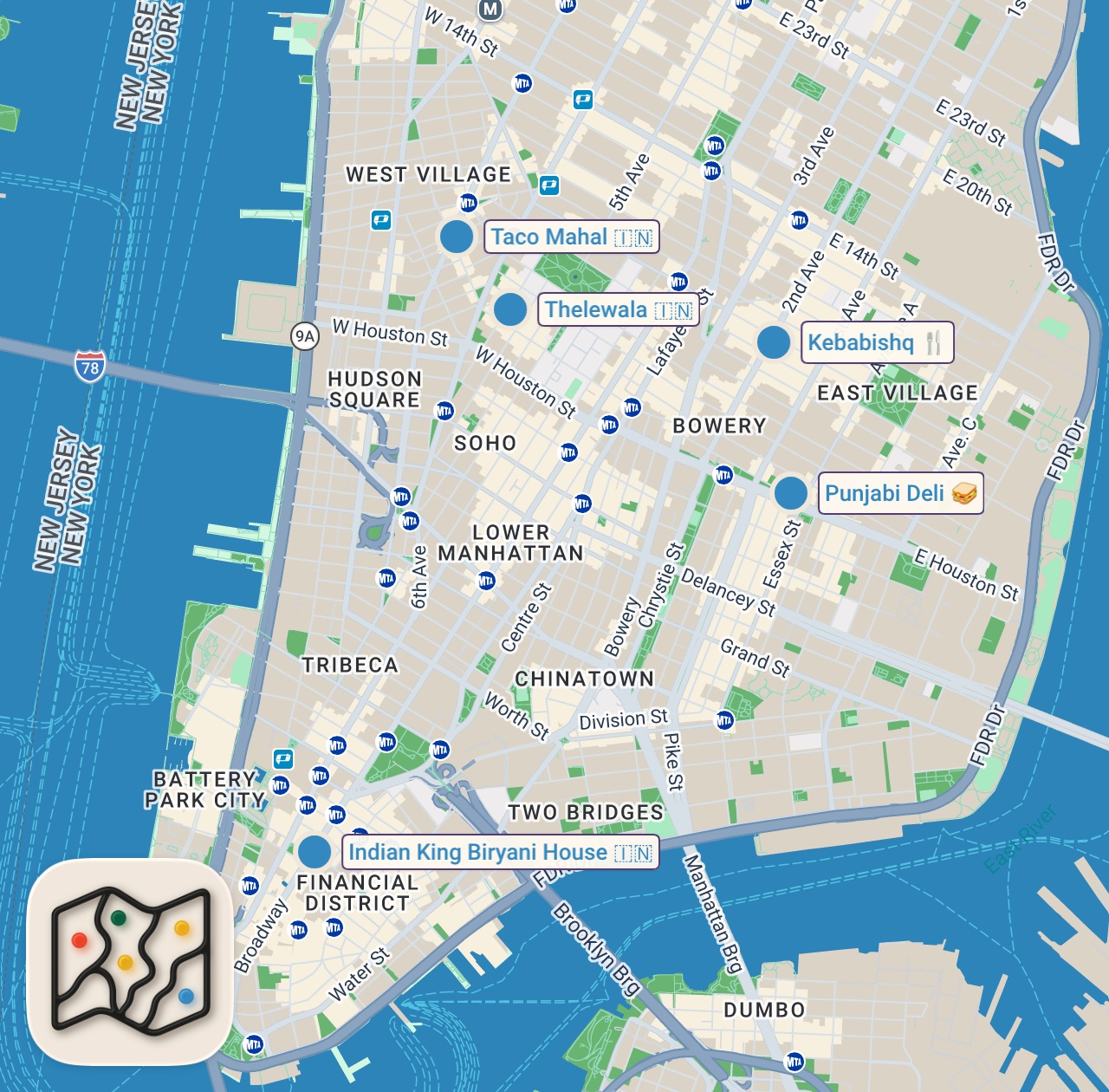 Map of 5 spots from Trying Indian Street Food in NYC!