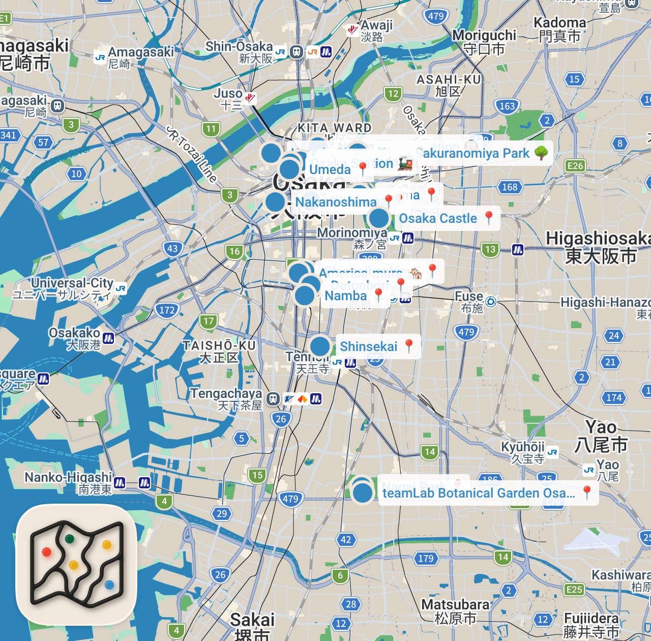Map preview for TOP 10 OSAKA PLACES TO VISIT 🇯🇵 Osaka Travel Guide 🐙 #osakajapan