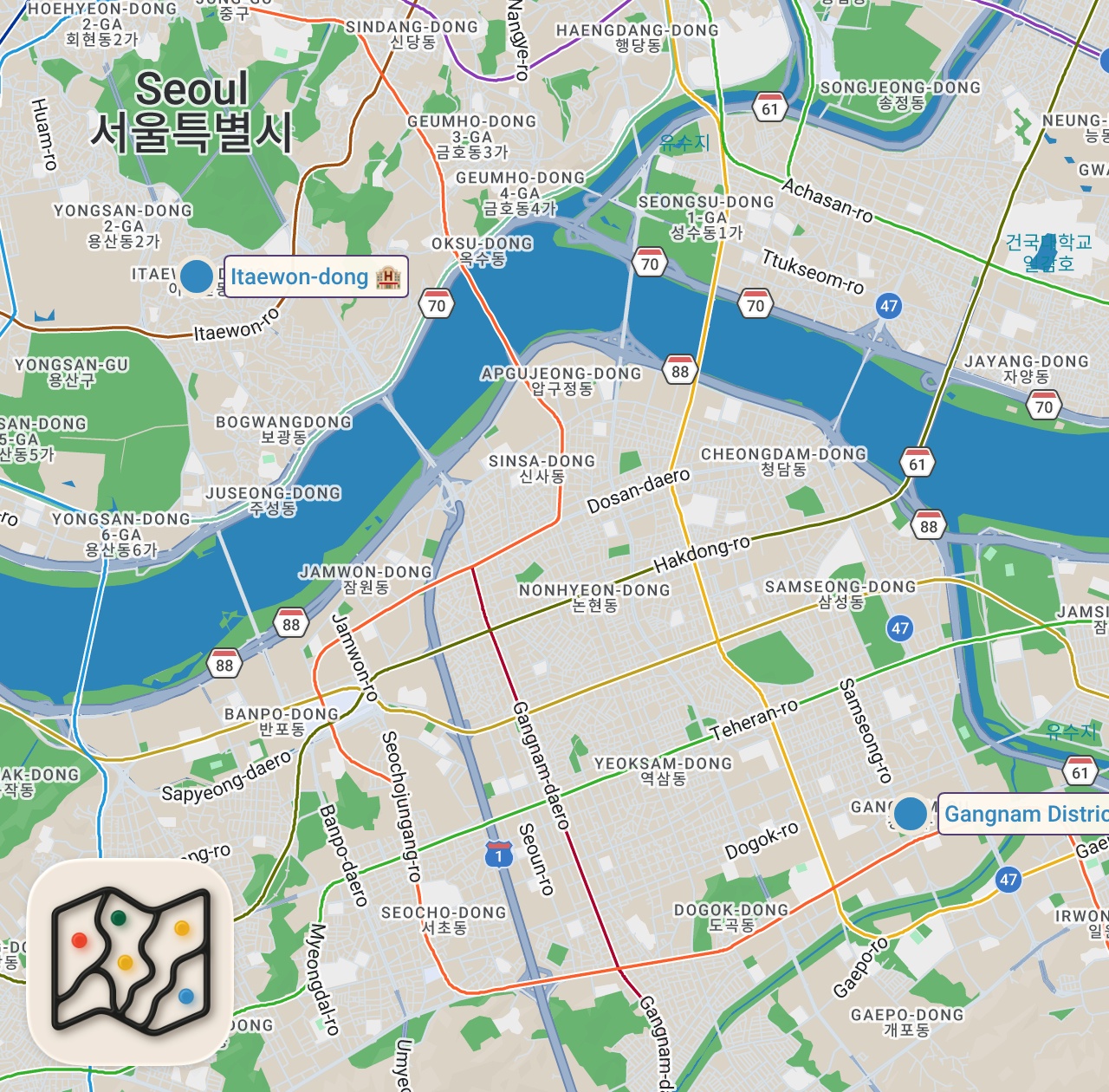 Map of 2 spots from SEOUL NIGHTLIFE |  CRAZY Night Club in South Korea