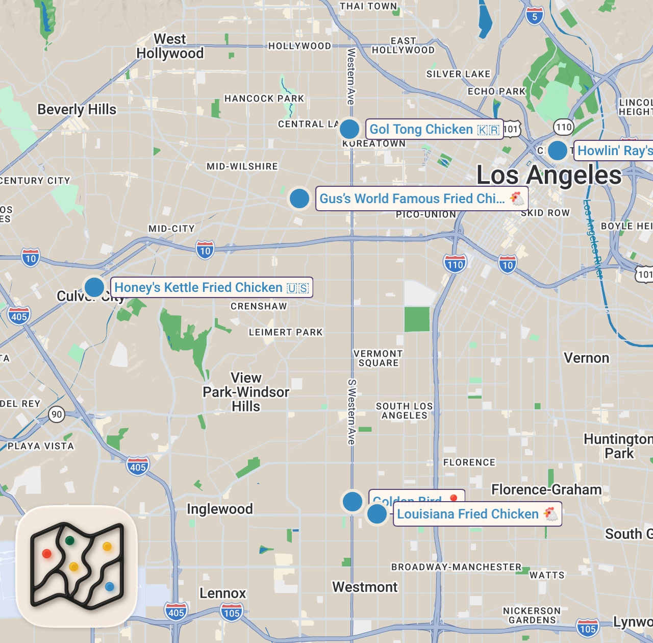 Map of 6 spots from Trying Dangerous Fried Chicken in LA Hoods