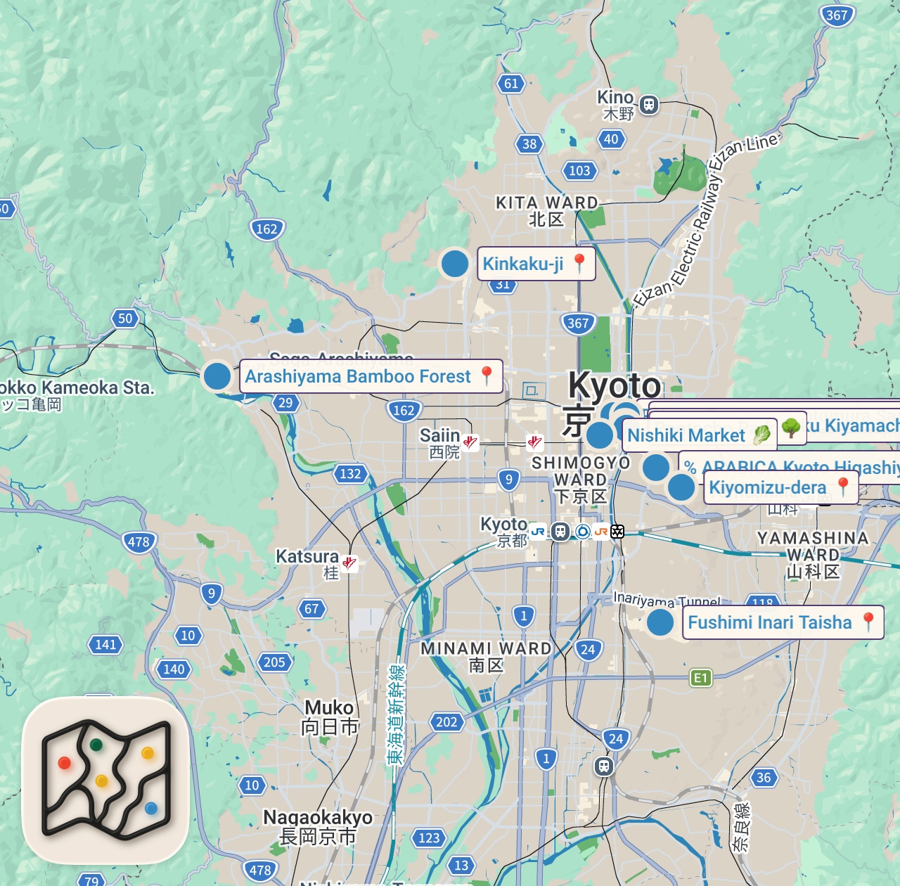 Map of 12 spots from KYOTO FOOD GUIDE 🇯🇵 | Street Food, Nishiki Market & Traditional Flavors – Ayaküstü Lezzetler