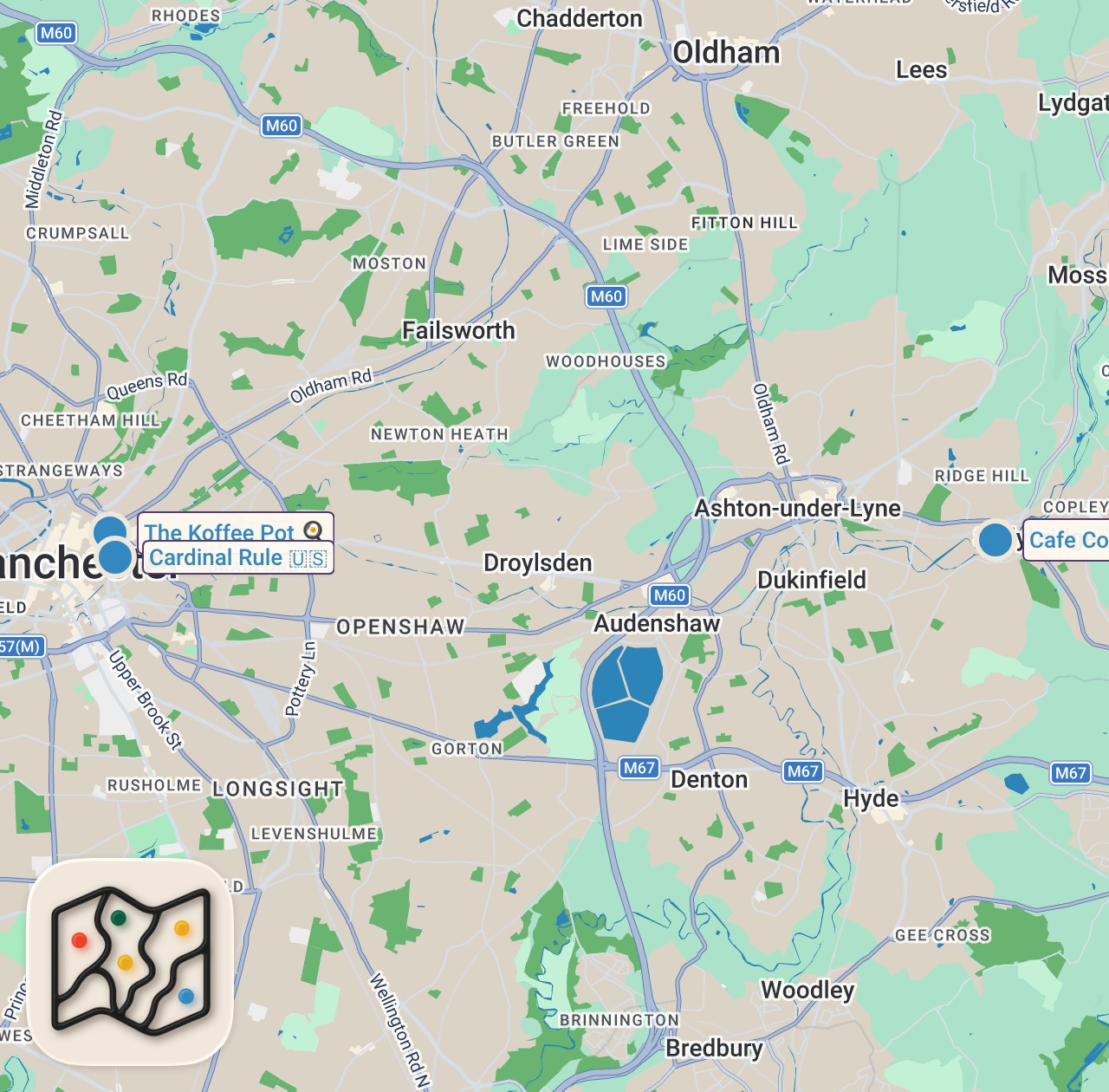 Map of 3 spots from Trying Manchester's most FAMOUS food spots