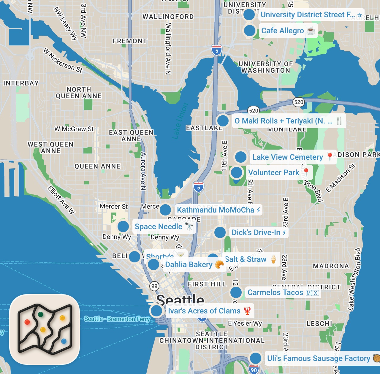 Map preview for SEATTLE Food Tour: MUST-TRY Local Dishes (Seattle Dog, Teriyaki & MORE) 🇺🇸