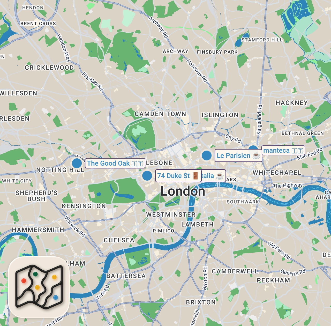 Map of 5 spots from I Blind Ranked Restaurants