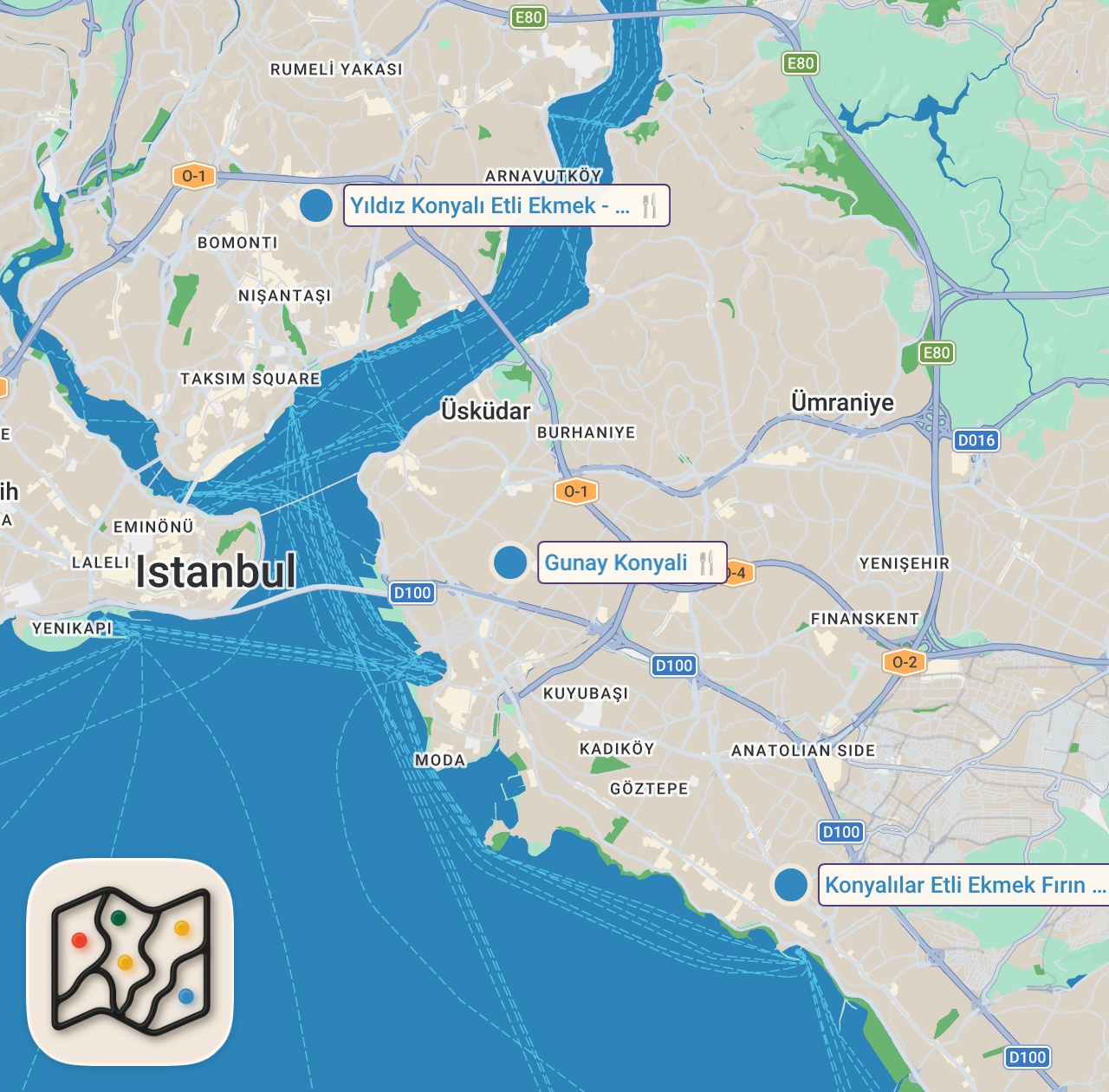 Map of 3 spots from İSTANBUL’DAKİ KONYA LEZZETLERİ