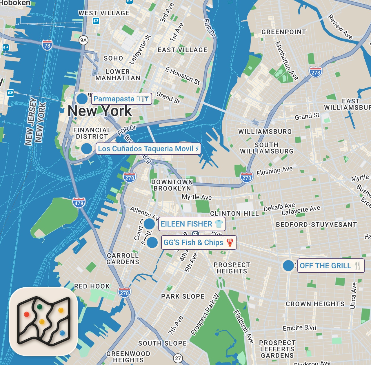 Map of 7 spots from I Tested NYC Street Food With No Lines