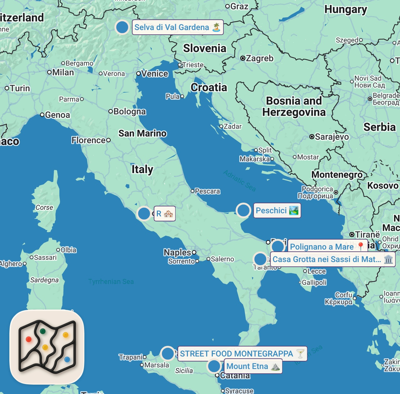Map of 7 spots from The Only 3 Places in Italy I’d Take My Best Friend
