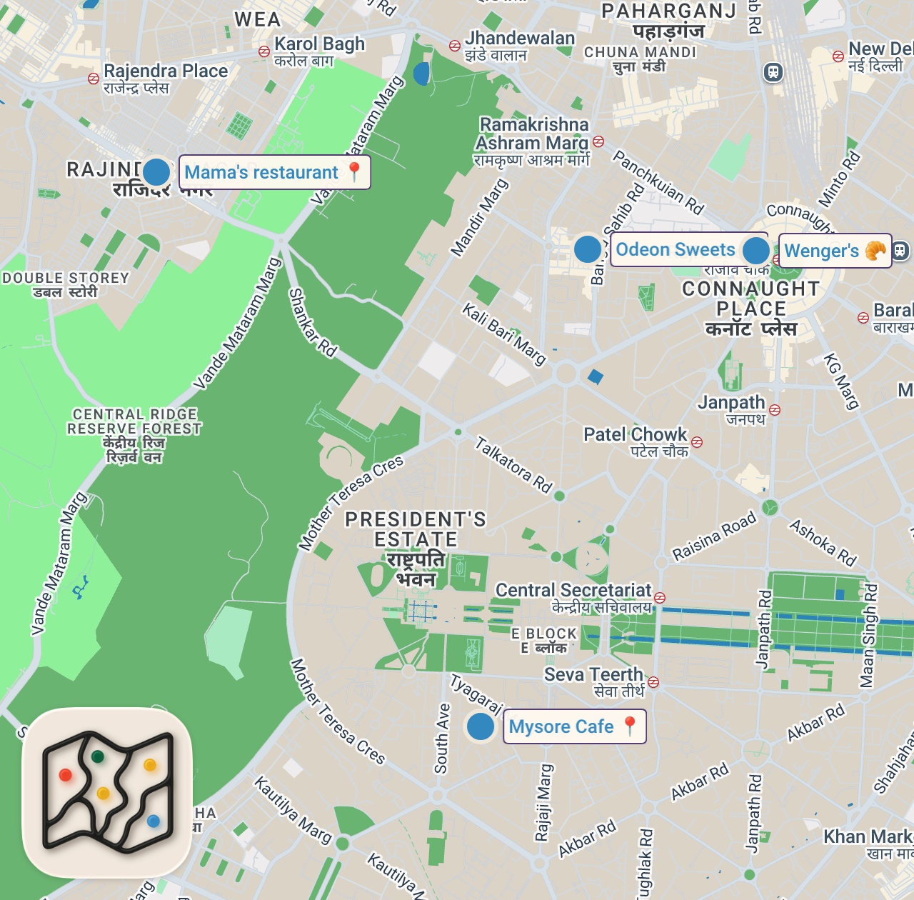 Map of 4 spots from Central Delhi Asli Food Legends! Chole Bhature, Mysore Dosa, Bakery, Chicken Tikka & Butter Chicken