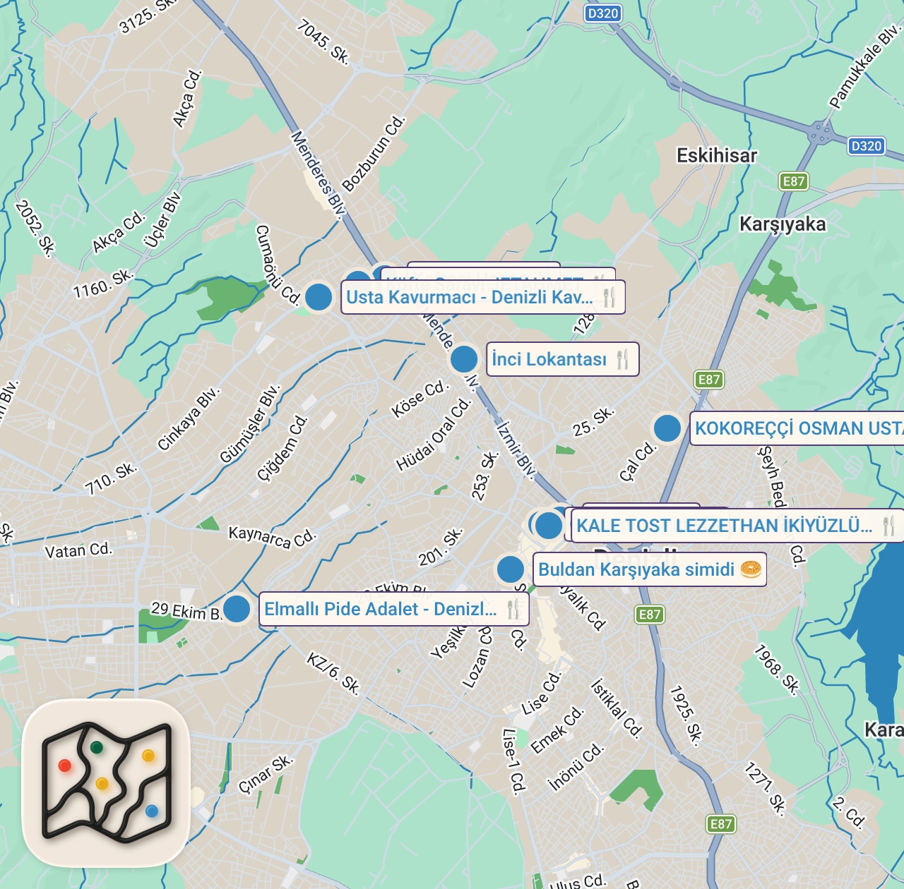 Map of 11 spots from DENİZLİ’DE 1 GÜNDE NE YENİR!!!