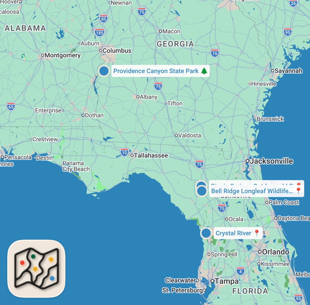 Map preview for SWIMMING WITH MANATEES IN FLORIDA (Crystal River, Ginnie Springs, and Providence Canyon)