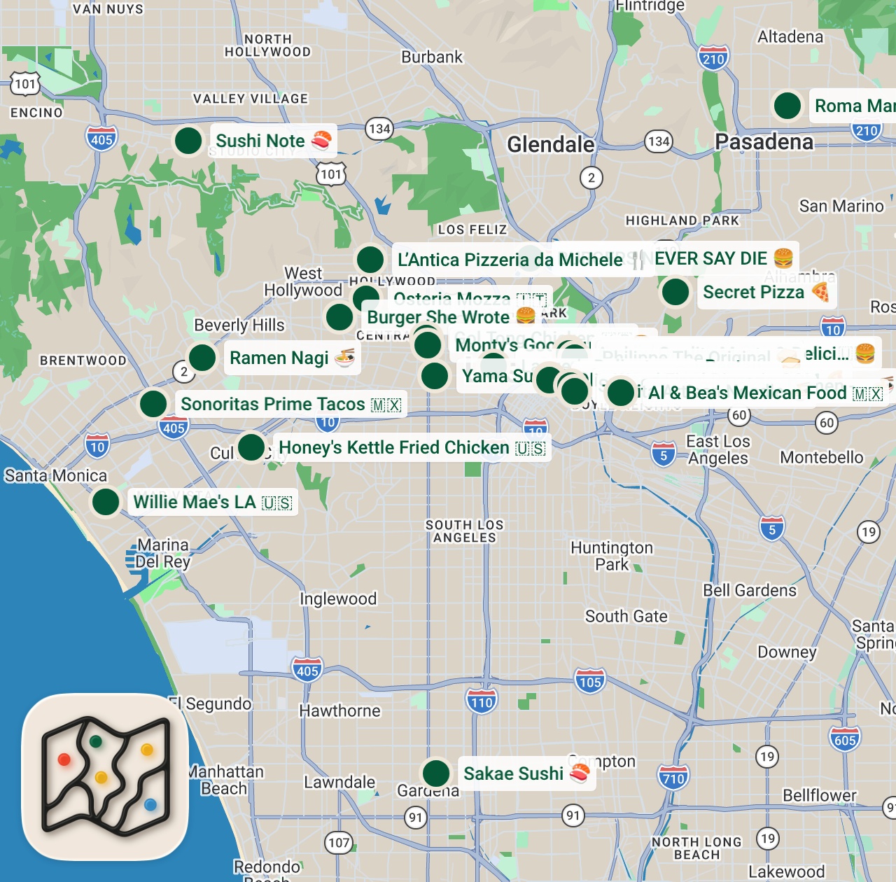 Map preview for Finding The Best Food In Los Angeles