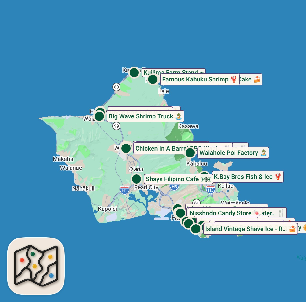 Shared map of 79 spots from Hawaii