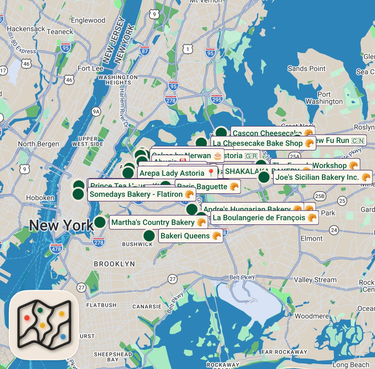 Shared map of 25 spots from Queens Trip 2