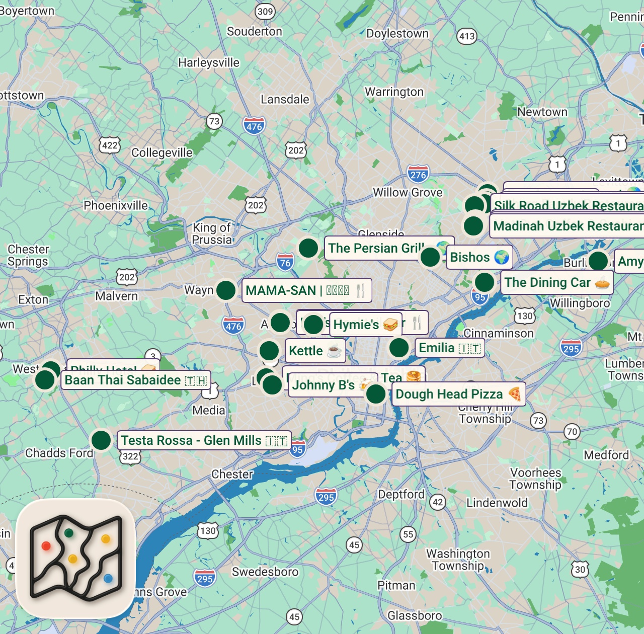 Shared map of 178 spots from Philly Spots