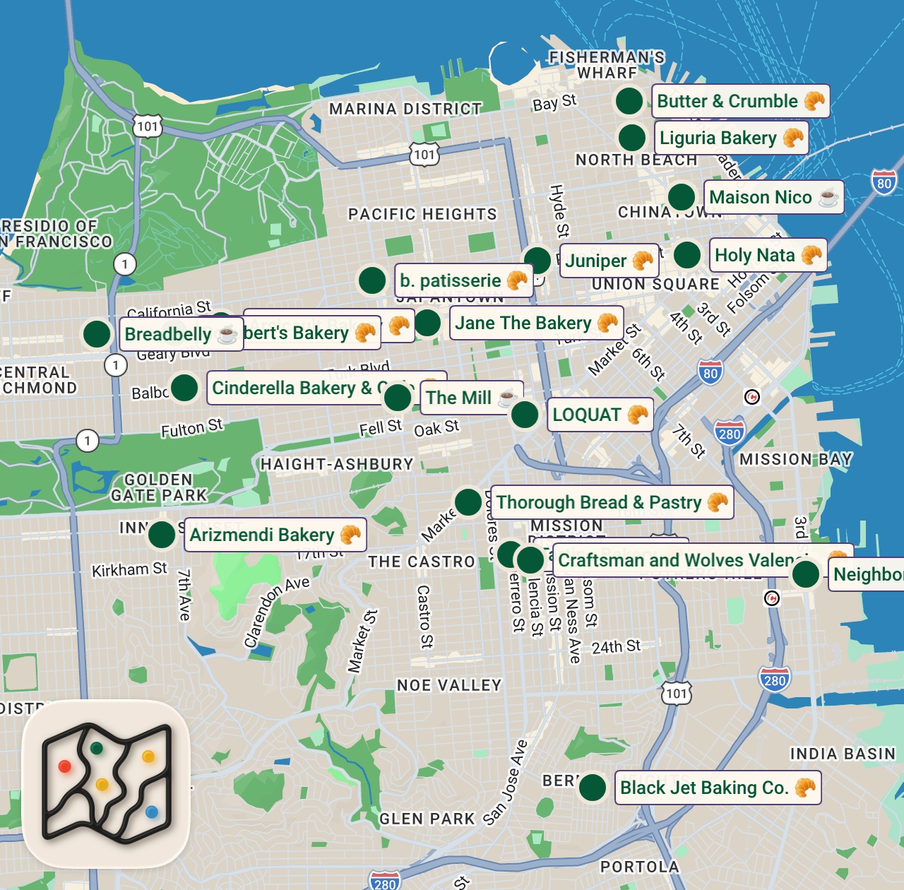 Shared map of 22 spots from San Fran