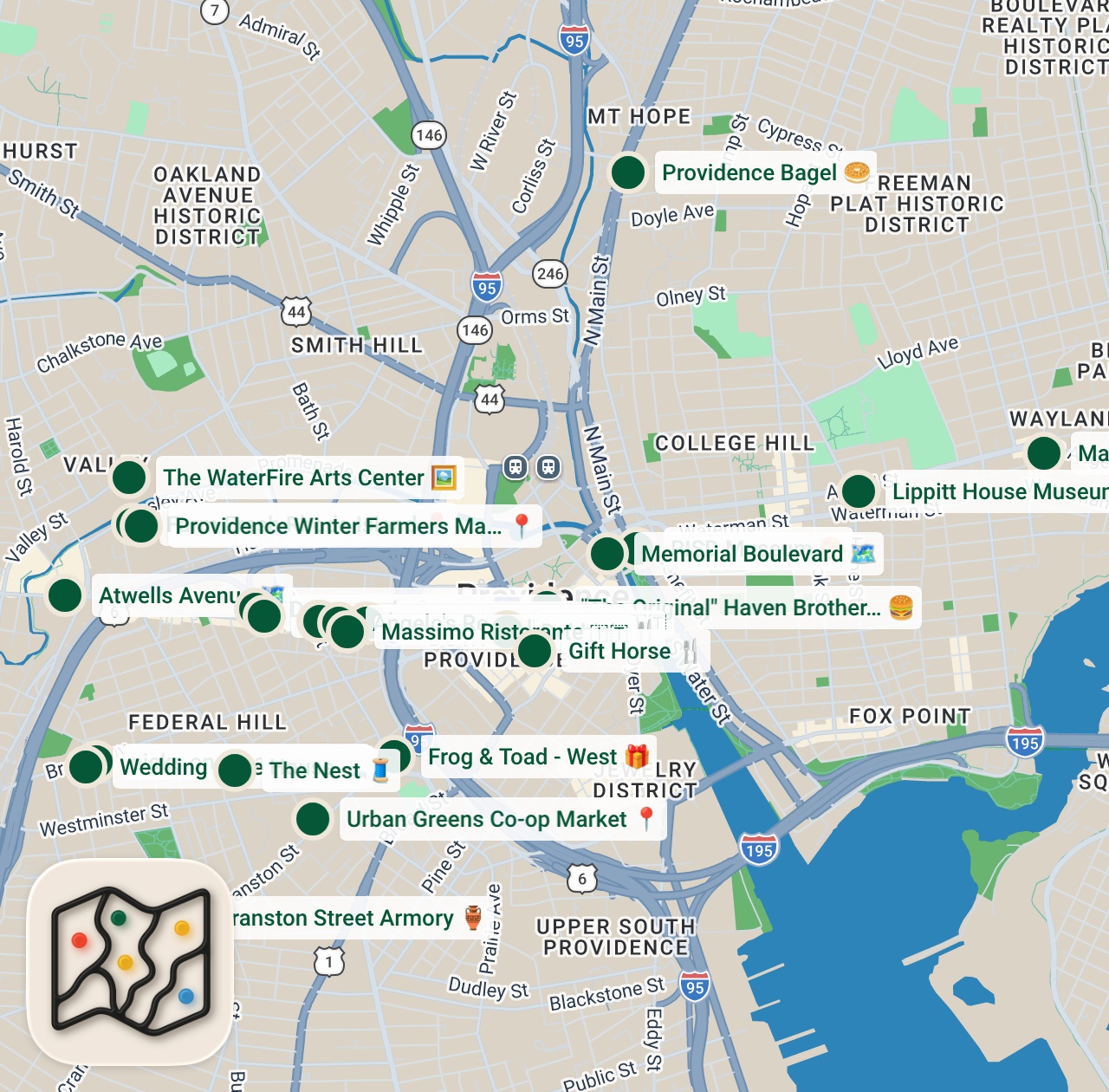 Shared map of 60 spots from Providence, RI