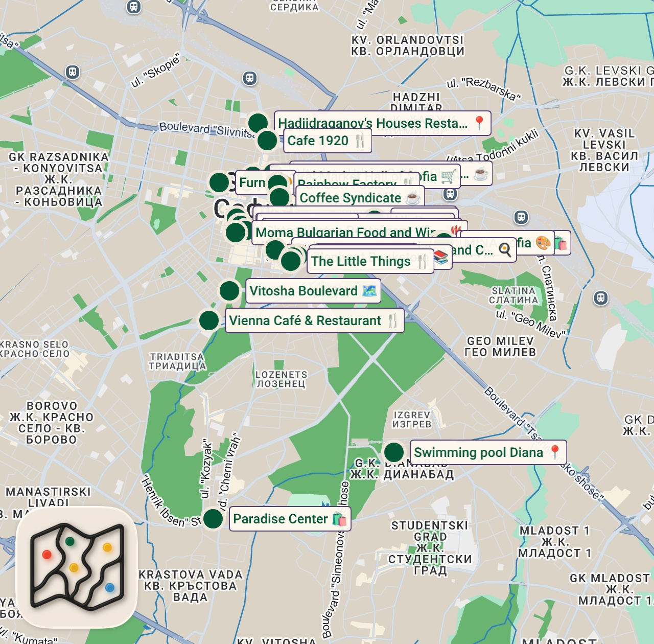 Shared map of 28 spots from Best things To Do in Sofia, bulgaria 2026