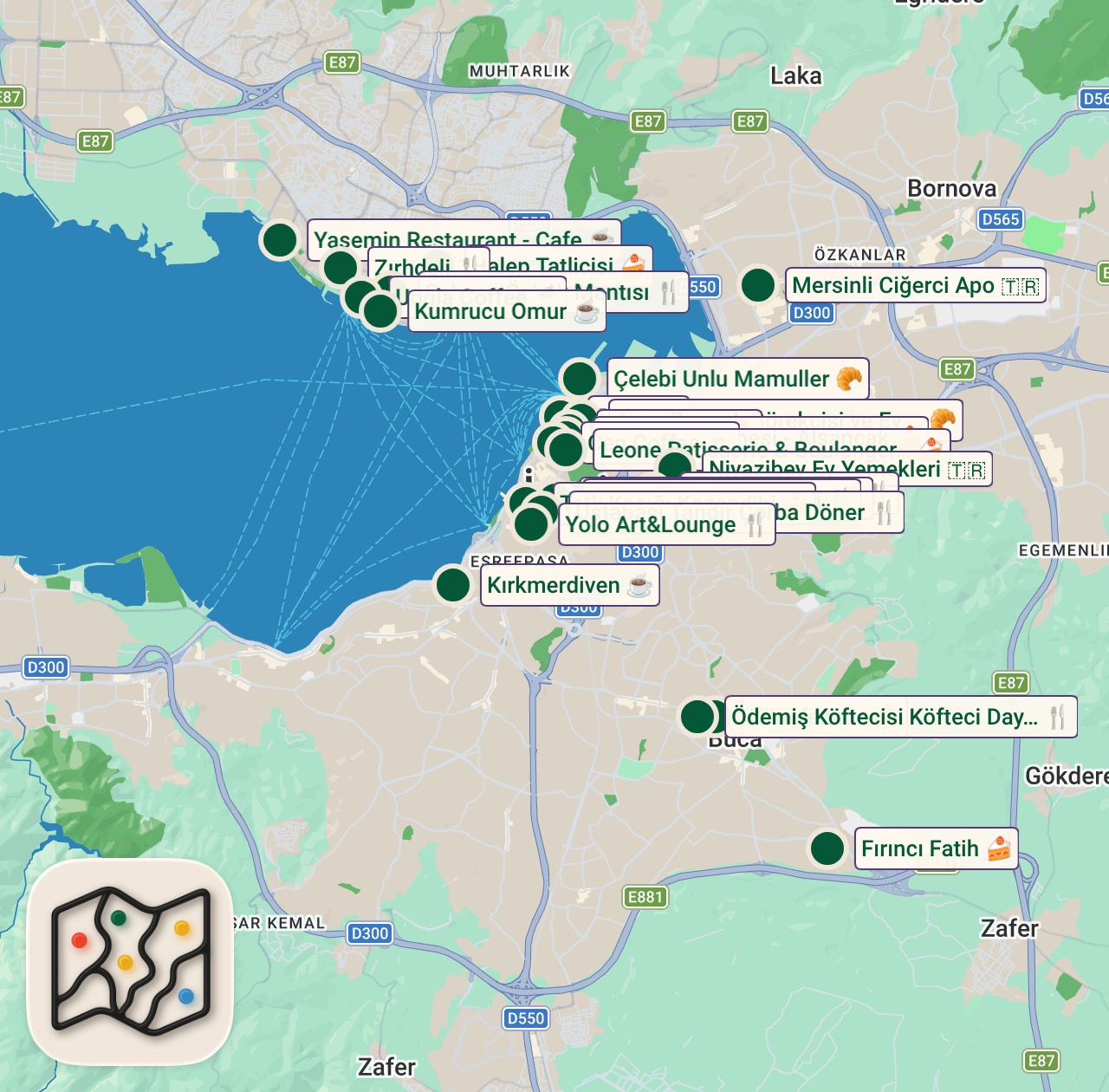 Shared map of 99 spots from Izmir
