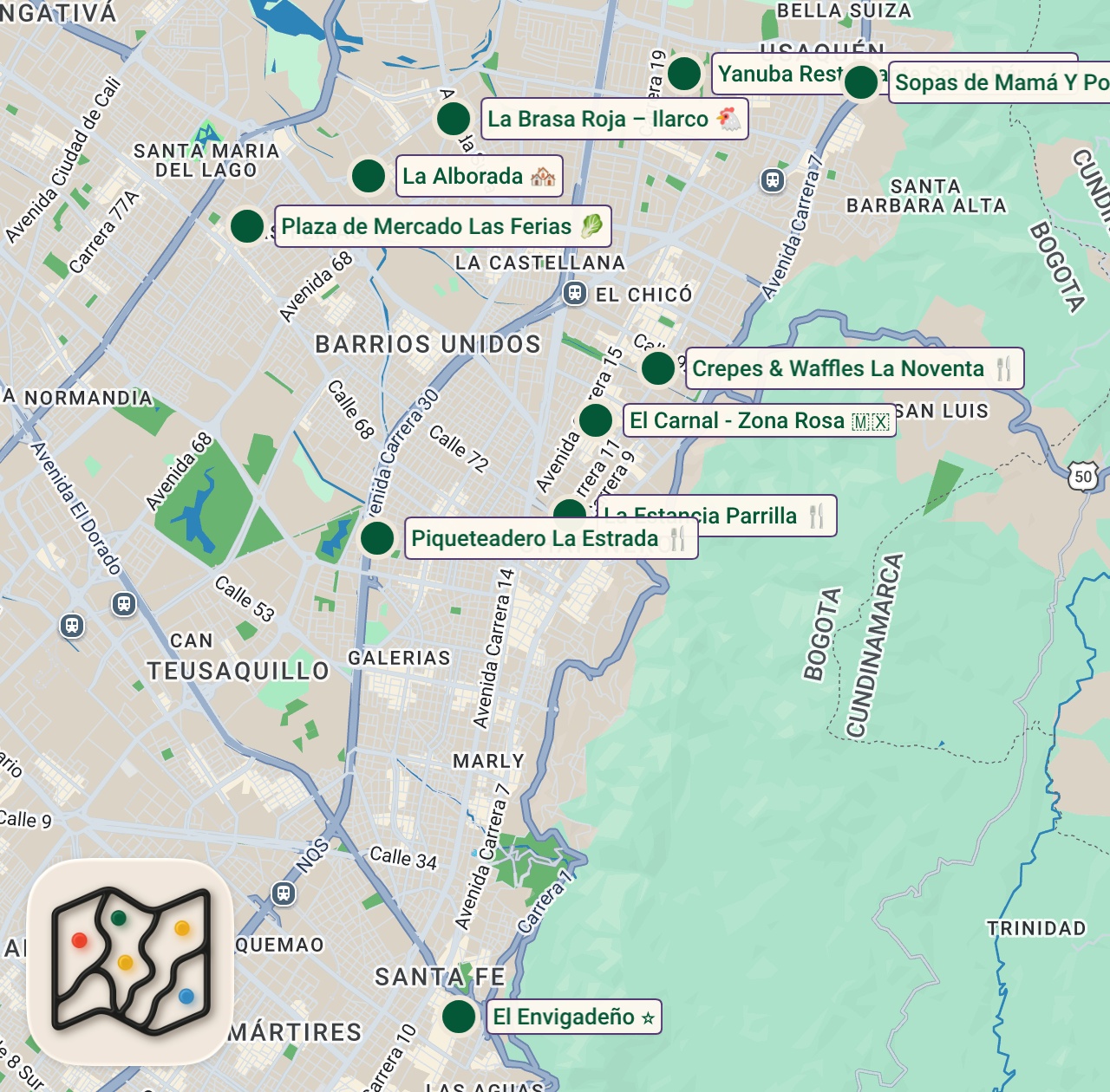 Shared map of 11 spots from Bogotá Trip