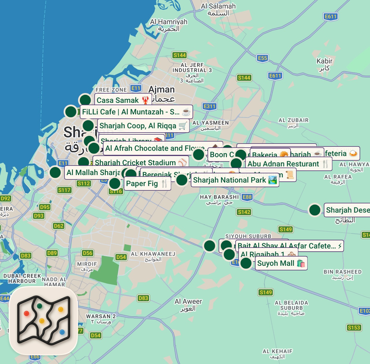 Shared map of 36 spots from Sharjah