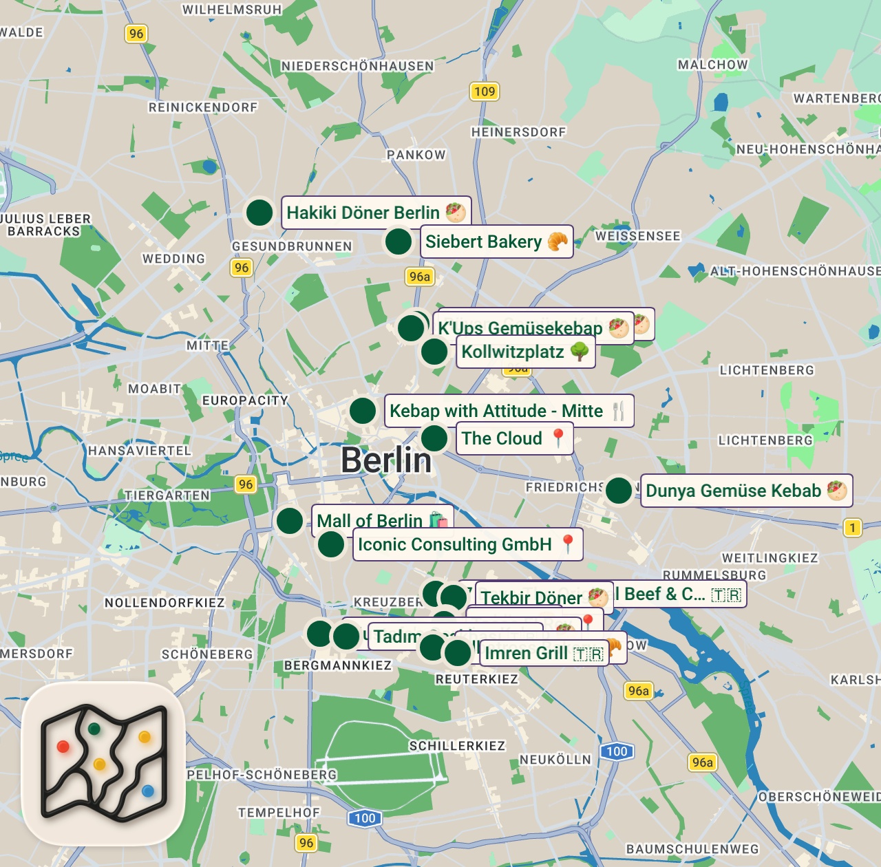 Shared map of 18 spots from 2026 BEST DONER KEBAB SPOTS IN BERLIN