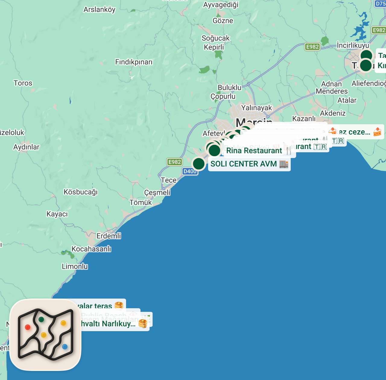 Shared map of 29 spots from Mersin Spots - 2026