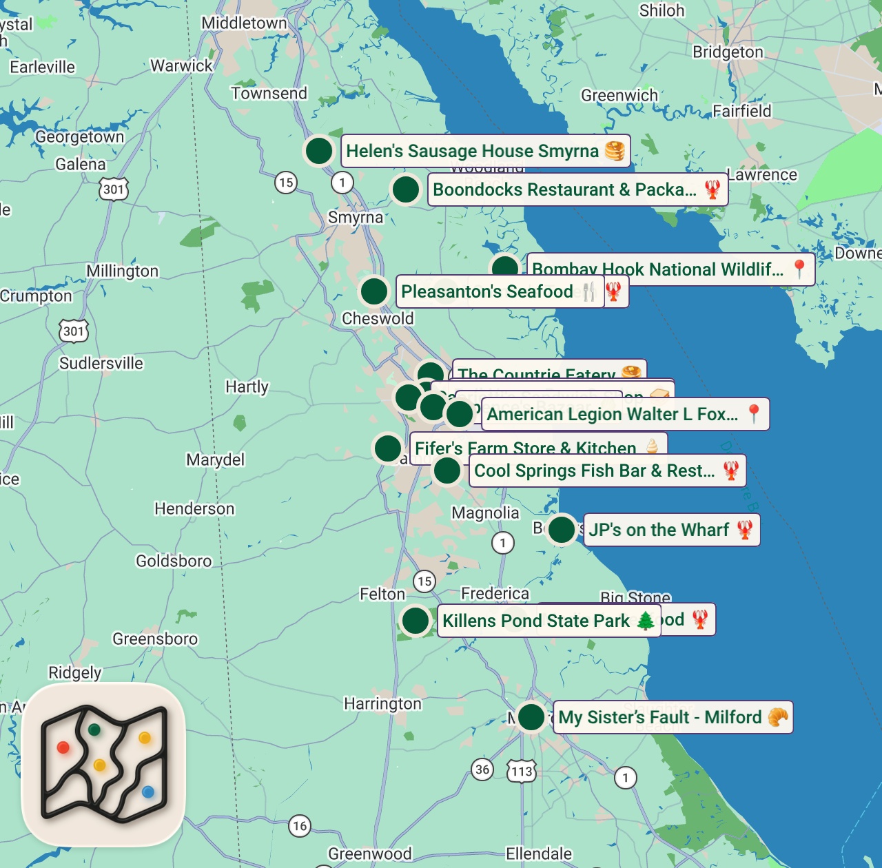 Shared map of 16 spots from Delaware