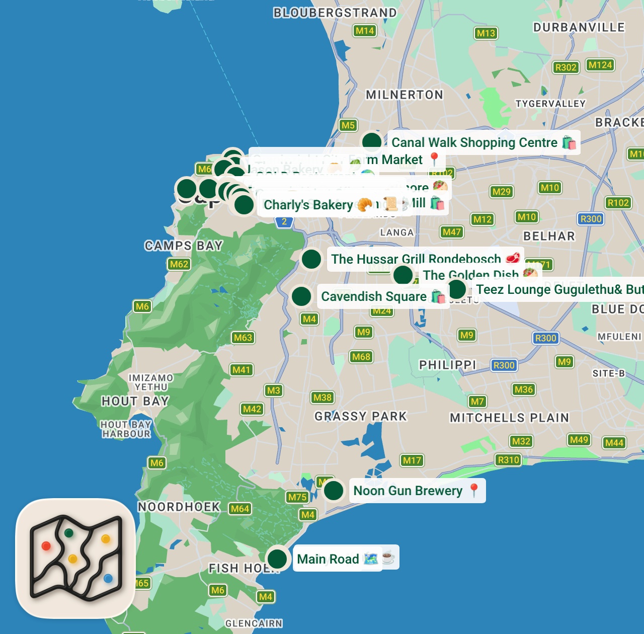 Shared map of 25 spots from Cape Town Hits - 2026
