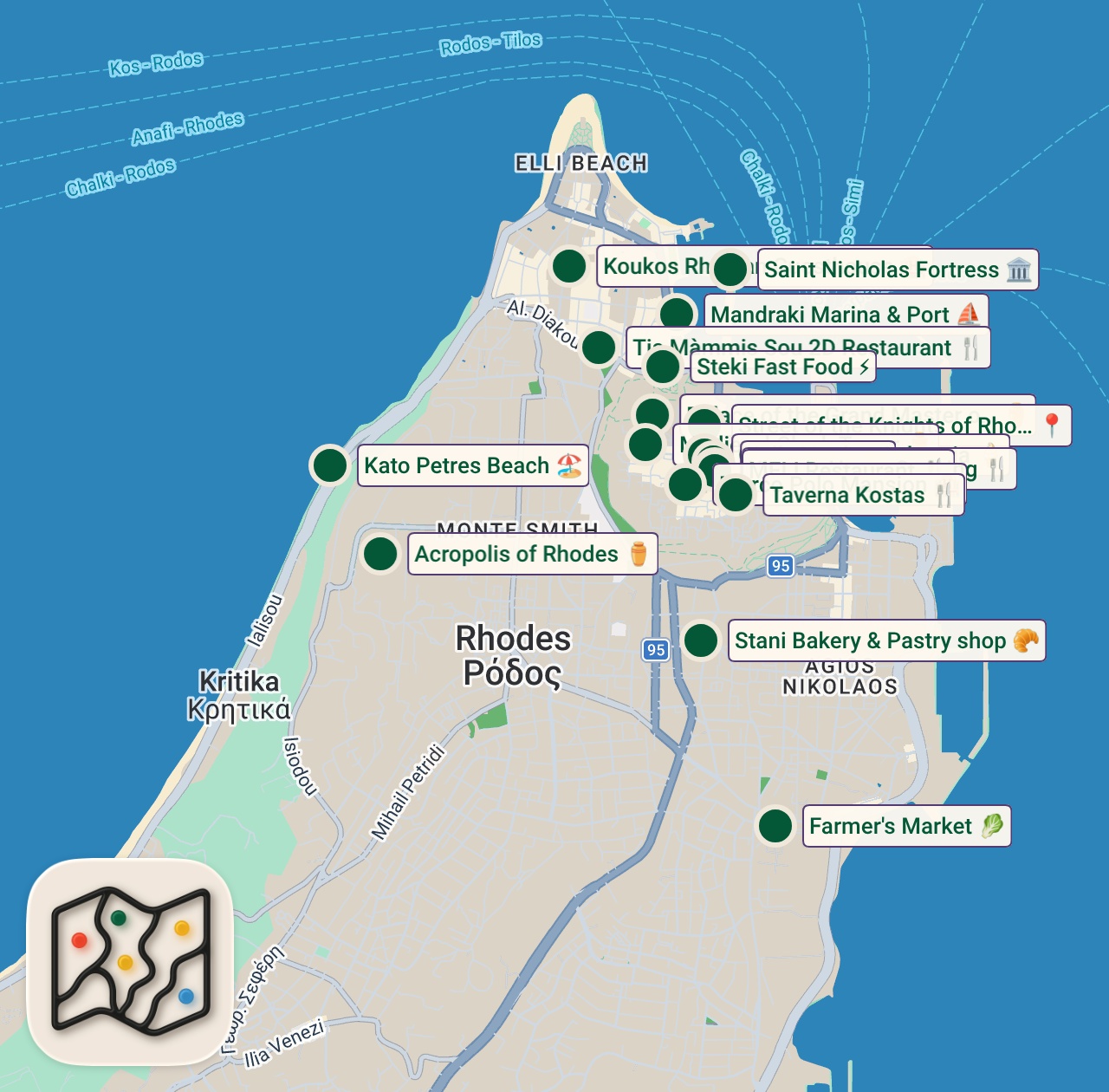 Shared map of 22 spots from Rhodes Trip
