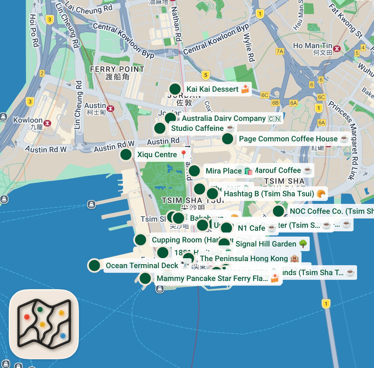 Shared map of 34 spots from Hong Kong 