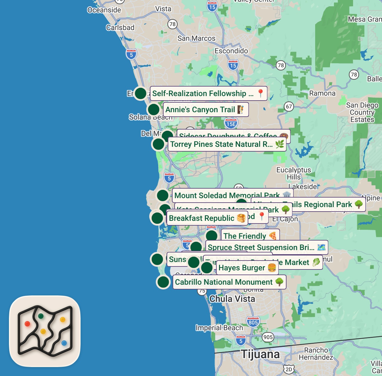 Shared map of 17 spots from best sights in San Diego, California In 2026 🤩🐟🌴
