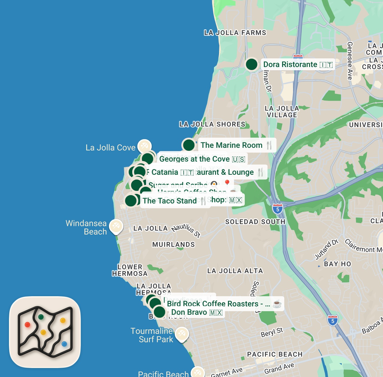 Shared map of 27 spots from San Diego hits