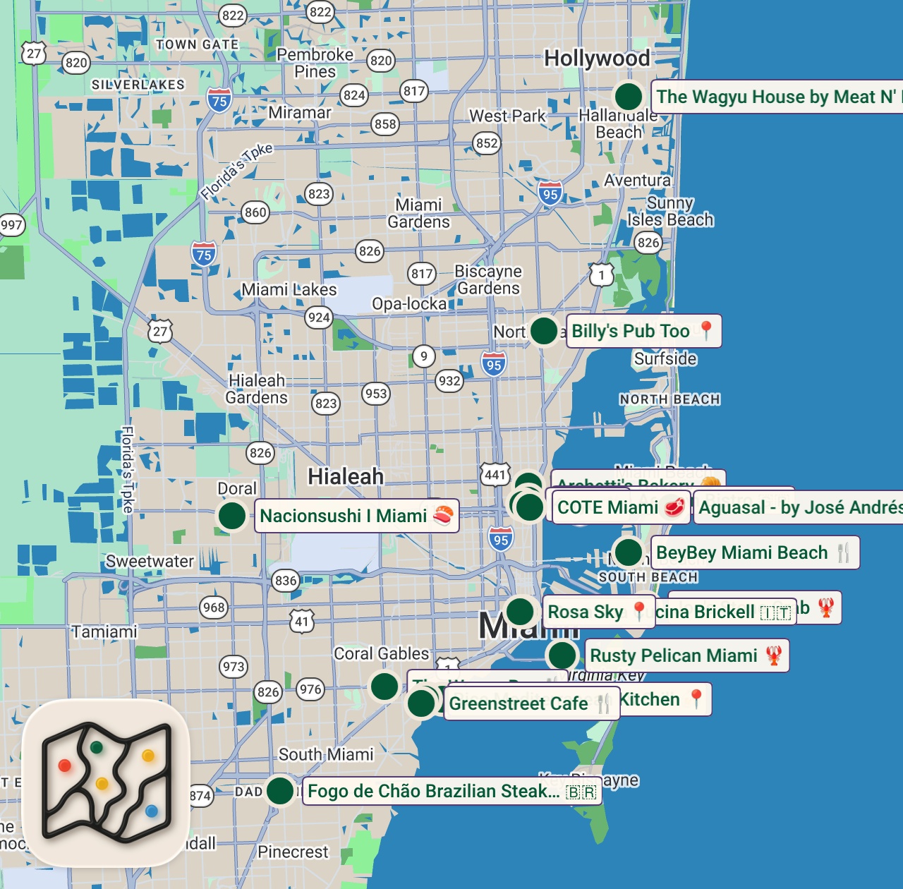 Shared map of 19 spots from The Best KETO spots in Miami