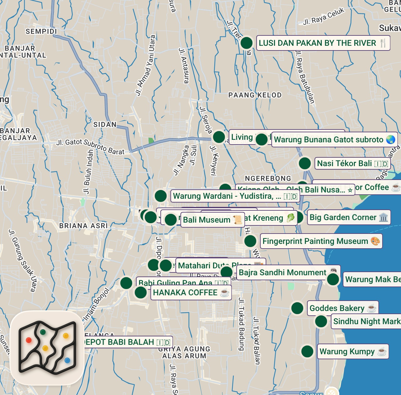 Shared map of 27 spots from Denpasar Trip