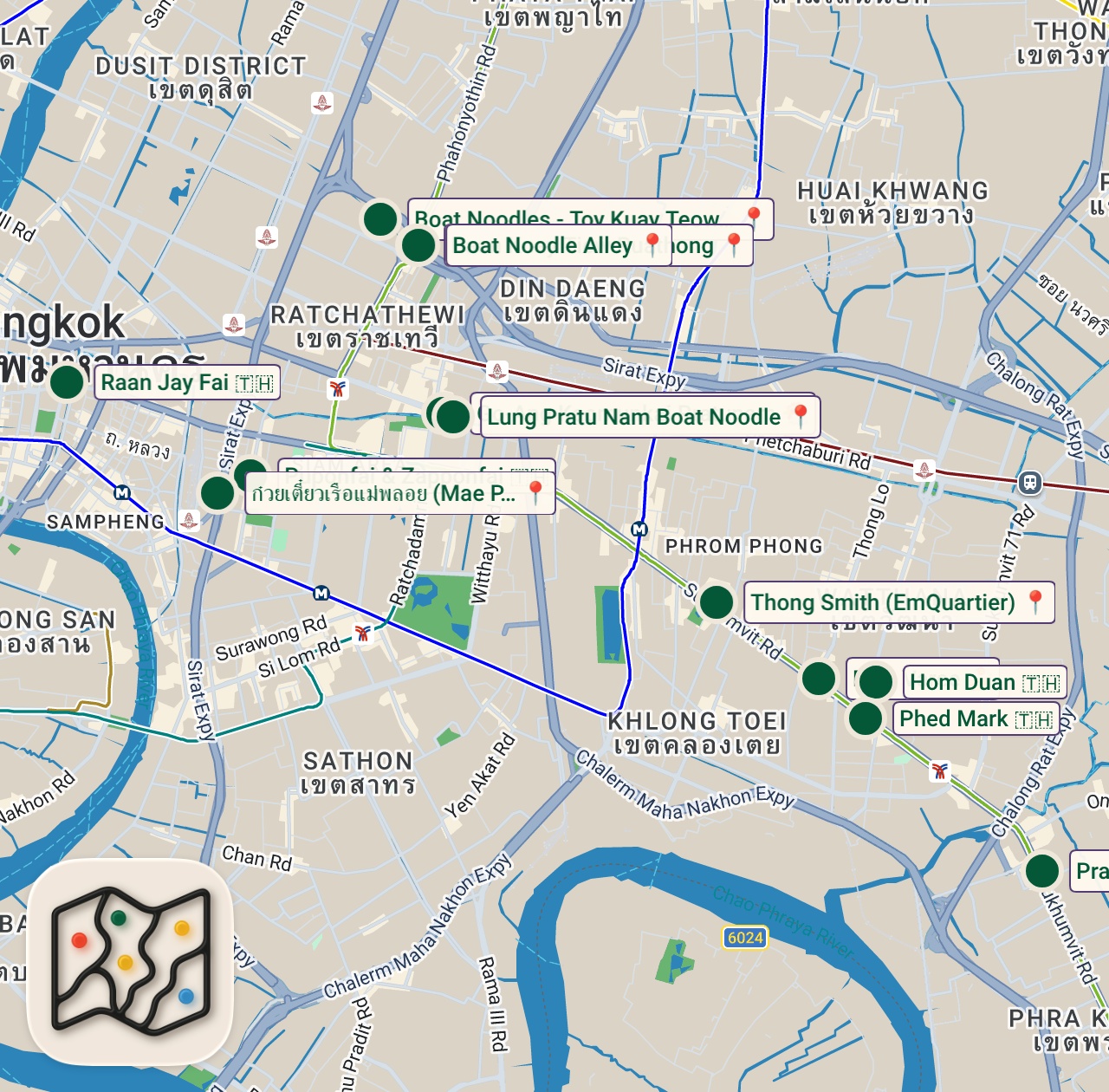 Shared map of 13 spots from TOP RATED NOODLE SHOPS IN BANGKOK 2026