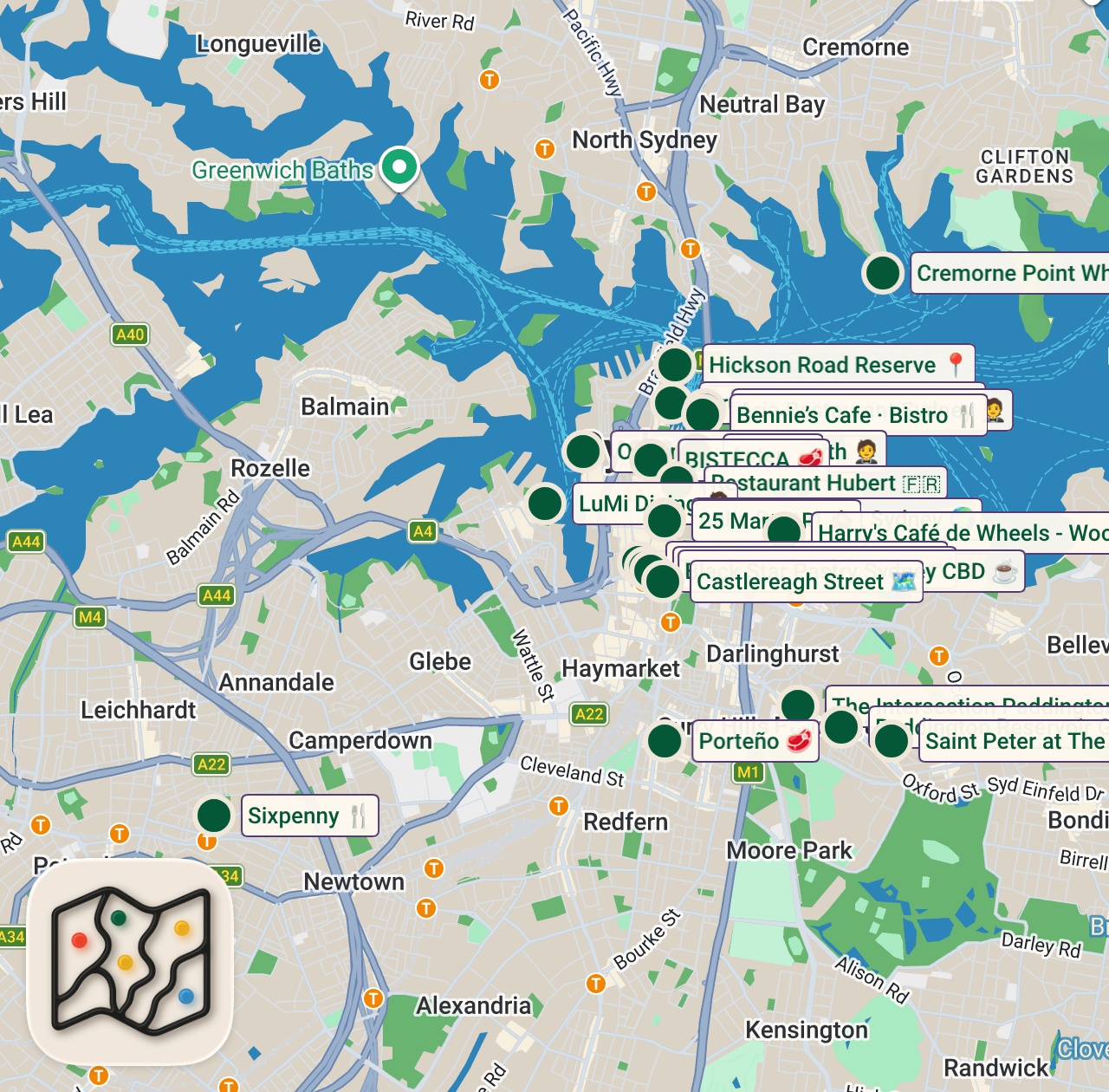 Shared map of 44 spots from My Spots